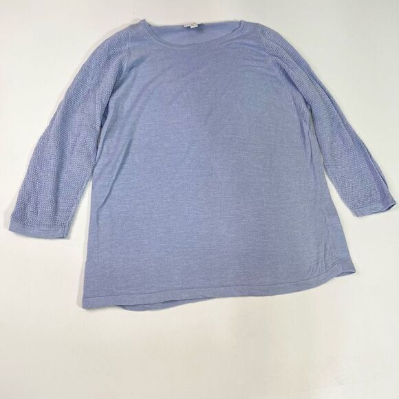 J Jill Sweater Top Womens Medium Blue Cutout Split 3/4 Sleeve Linen Blend Knit - Picture 1 of 12